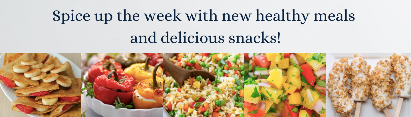 Recipe website slide with breakfast pockets, stuffed peppers, rice, pineapple salse, frozen banana pops